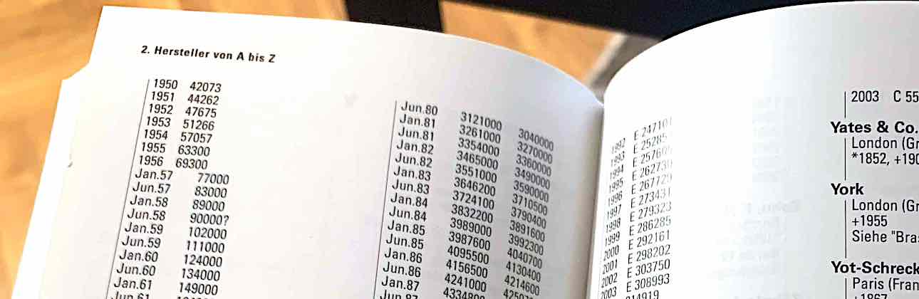 Open book page showing serial numbers and years of production of pianos
