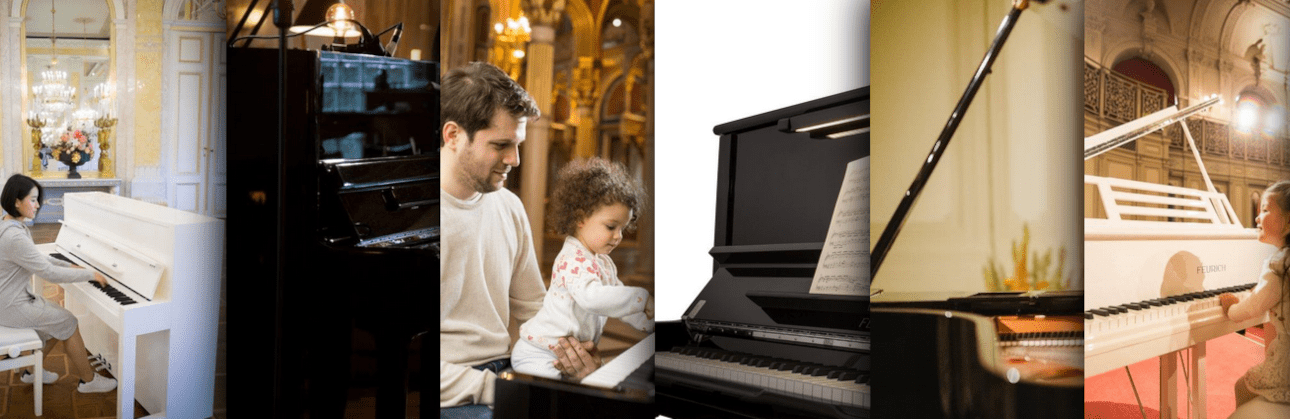 Impressionen zu Feurich Classic als Collage - unter anderem eine junge Frau am Klavier, ein junger Mann mit einem Kleinkind am Klavier
