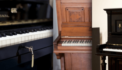 Collage mit Detailaufnehmen sehr gut erhaltener, gebrauchter Klaviere
