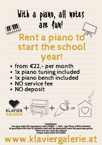 A5 Poster with conditions for piano rental at start of the school year, pictures of keyboard, piano , sweets and logo of Klavier Galerie